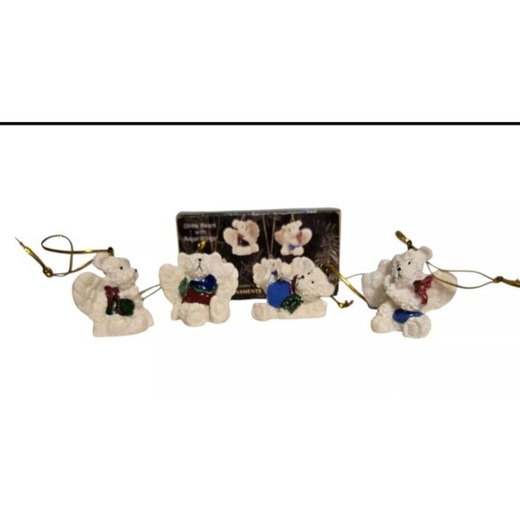 Christmas ornaments bears with angel wings set of 4 In Box Polystone Ornaments - Picture 1 of 8